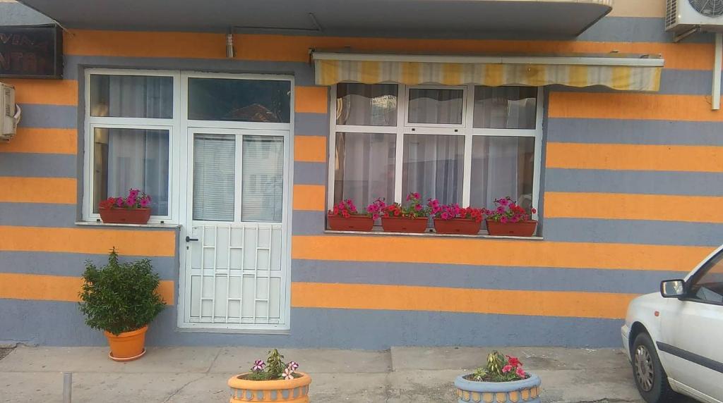 Guest house "Aylin" في موستار: منزل به نافذتين والنباتات الفخارية عليه