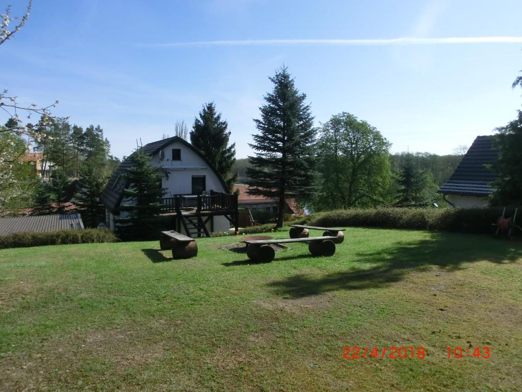 un gruppo di tronchi seduti sull'erba in un cortile di Ferienwohnung Luzinblick a Feldberg