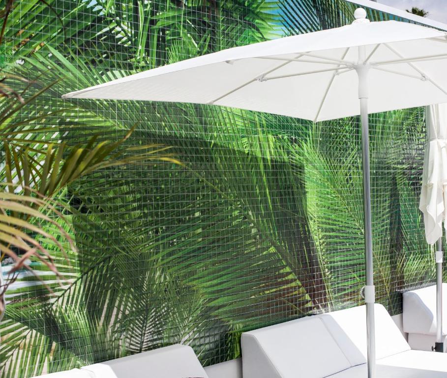a white umbrella sitting in front of a fence at Vanilla Garden Boutique Hotel - Adults Only in Playa de las Americas