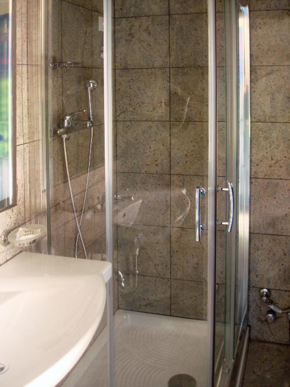 a shower with a glass door next to a sink at Patmos Paradise Hotel in Kámbos