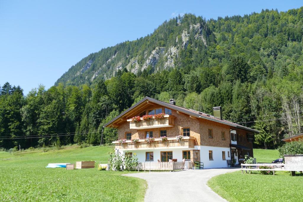 une maison dans un champ avec une montagne en arrière-plan dans l'établissement Haus Wiesenruh, à Oberstdorf