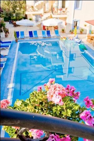 Bazén v ubytování Merve Apartments, your home from home in central BODRUM, street cats frequent the property, not all apartments have balconies , ground floor have terrace with table and chairs nebo v jeho okolí