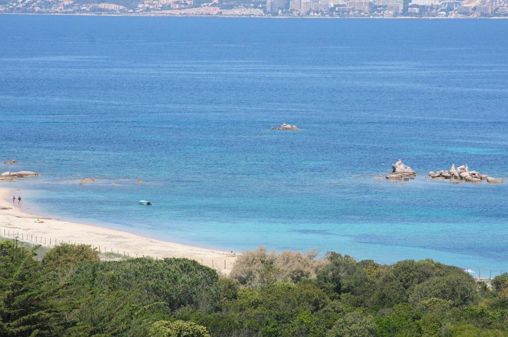 a view of a beach with a city in the background at Villa Ghiatone in Pietrosella