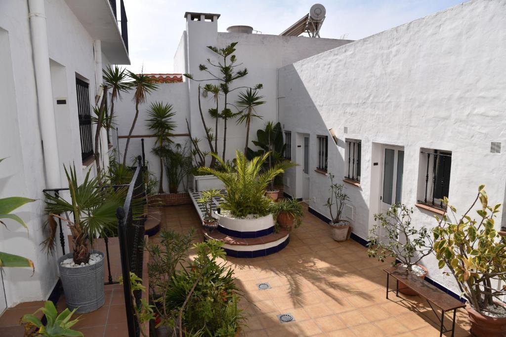 a courtyard with potted plants in a white building at Triplex T3 SOUTH APARTMENT in Tarifa