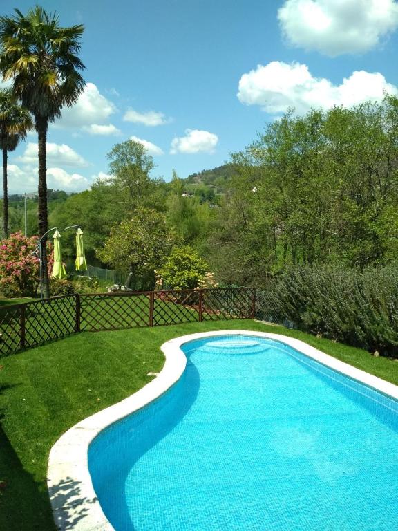 a swimming pool in a yard with a palm tree at Casa de Encosturas in Cabeceiras de Basto