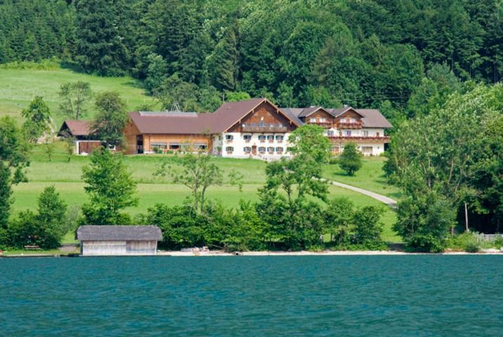 ein großes Haus am Ufer eines Sees in der Unterkunft Haslbauer in Steinbach am Attersee