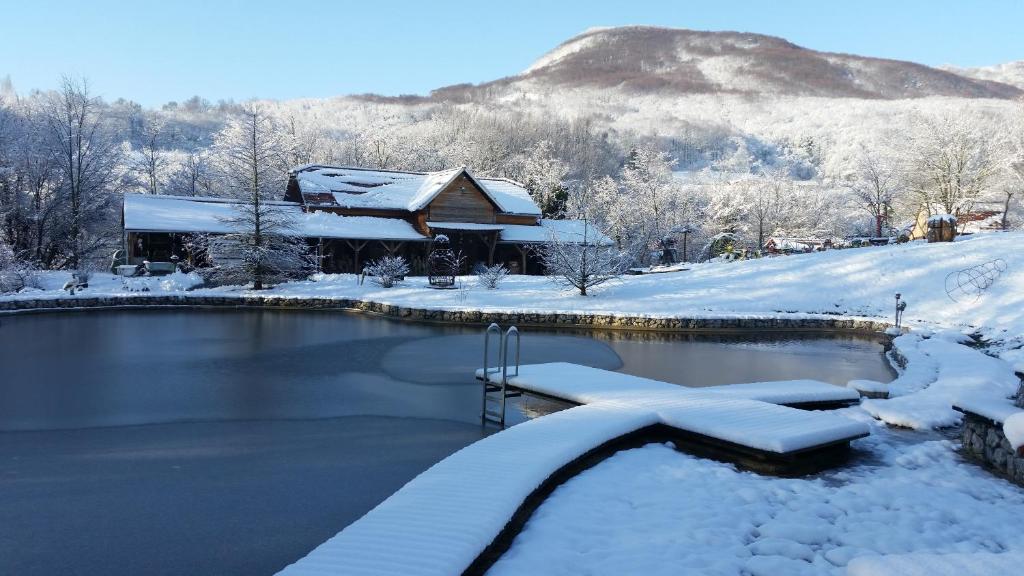 a house covered in snow next to a pond at Country house with a pool in Medvednica Nature Park in Zagreb