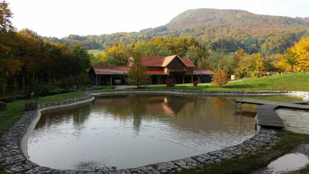 a pond in front of a house with a building at Country house with a pool in Medvednica Nature Park in Zagreb