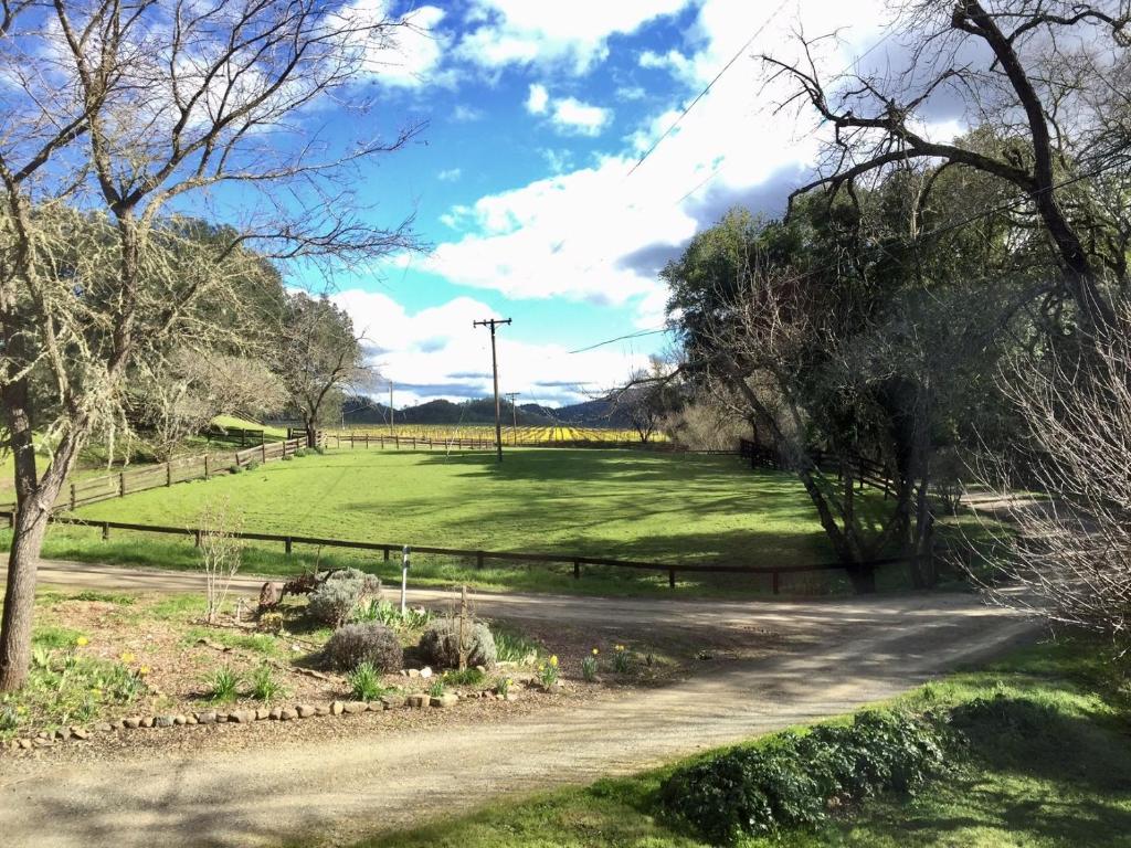 eine unbefestigte Straße durch ein grünes Feld mit einem Zaun in der Unterkunft Rustridge Ranch & Winery in St. Helena