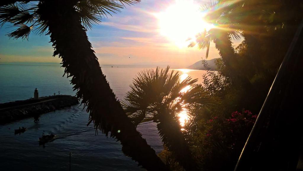 a view of the ocean from a resort with palm trees at Camogli Golfo Paradiso la casa del Comandante in Camogli