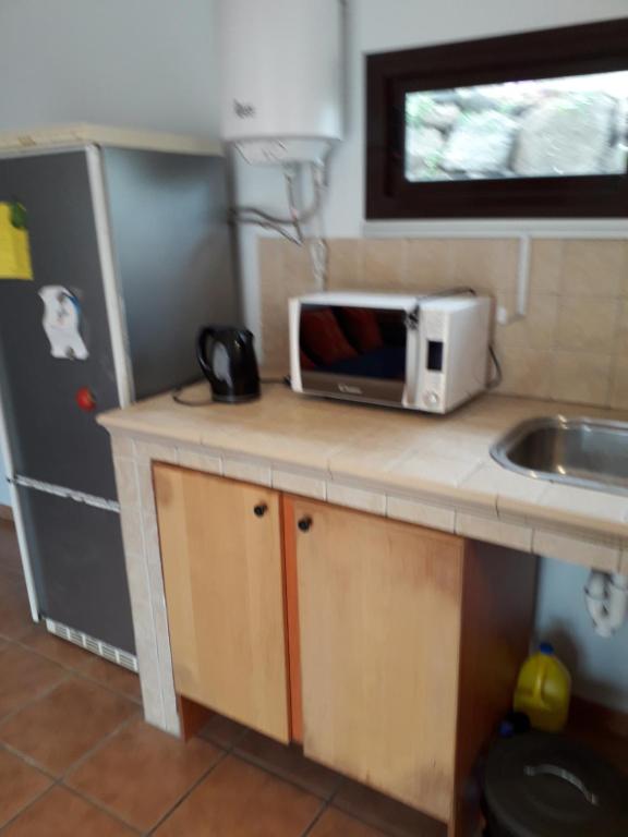 a small kitchen with a microwave and a sink at Blue Beach in Famara