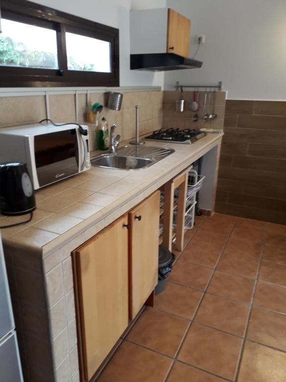 a kitchen with a sink and a microwave on a counter at Blue Beach in Famara
