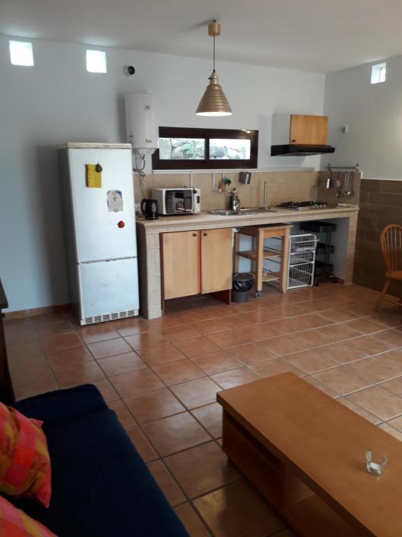 a kitchen with a white refrigerator and a table at Blue Beach in Famara