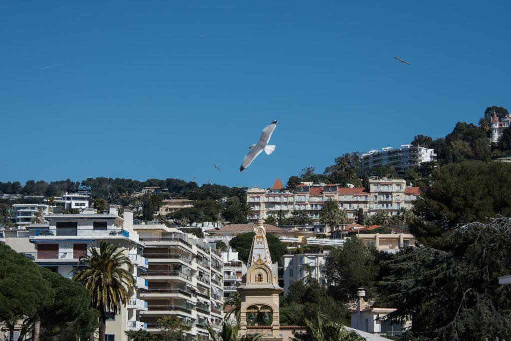 a kite flying in the sky over a city at Le Parc Pointe Croisette in Cannes
