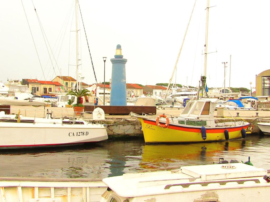 ヴィアレッジョにあるRooms Caterinaの灯台付きの港に停泊する船団