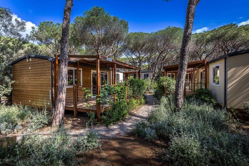 a log cabin in the woods with trees at Camping Internazionale Etruria in Castiglione della Pescaia