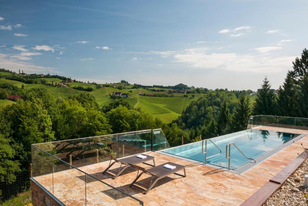 a swimming pool on top of a house at Weingut Essgut Schlafgut Sabathihof-Dillinger in Glanz an der Weinstraße 