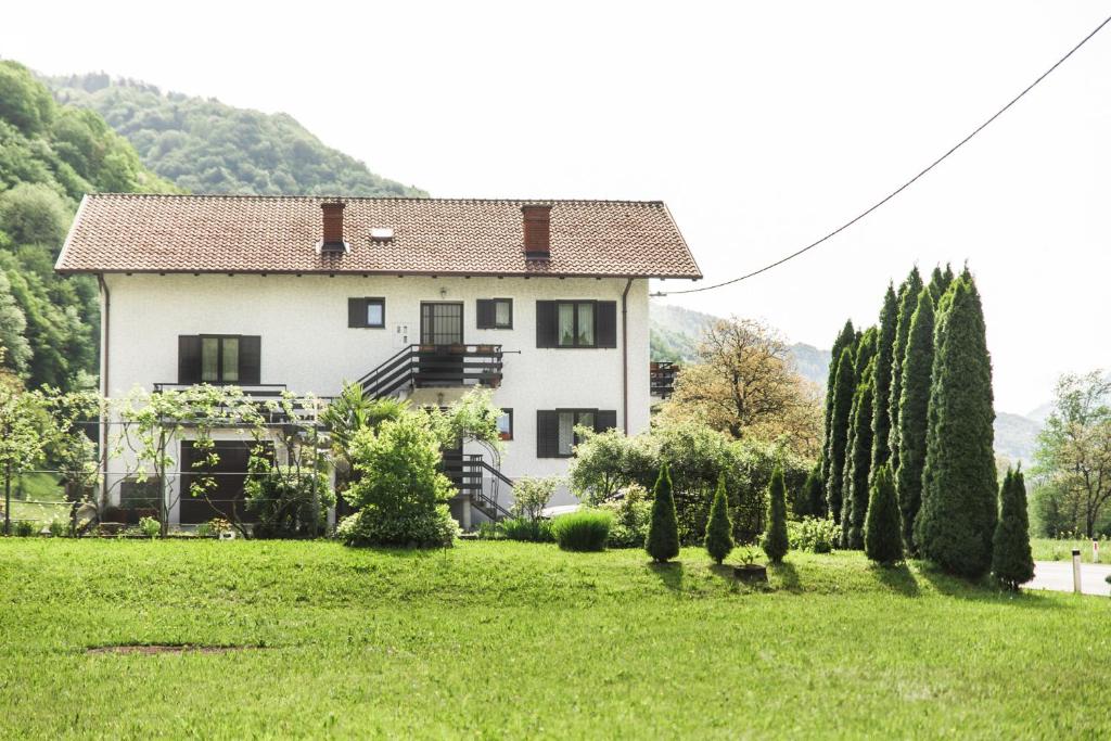 une maison dans un champ d'herbe planté d'arbres dans l'établissement Apartma Bača, à Most na Soči