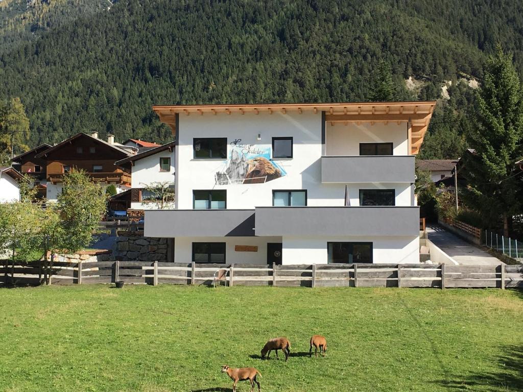 a house with two horses in a field in front of it at Haus Jedeler in Neustift im Stubaital