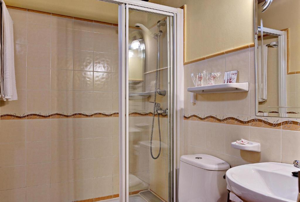 a bathroom with a shower and a toilet and a sink at Casa Rural Vella da Rivera in O Sisto