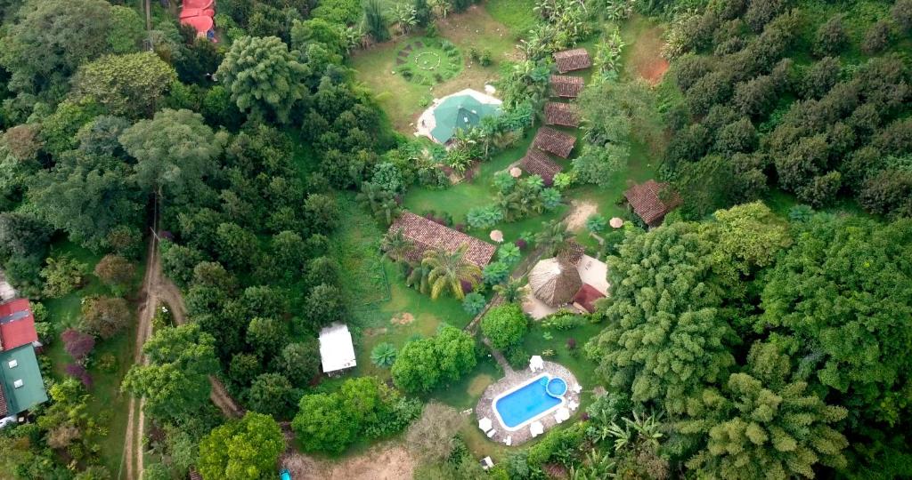 una vista aérea de un patio con 2 piscinas en Eco Hotel La Jicarita, en Coatepec