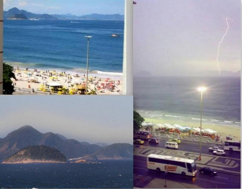 een collage van foto's van een strand en een storm bij Estudio Copacabana/Ipanema vista mar in Rio de Janeiro