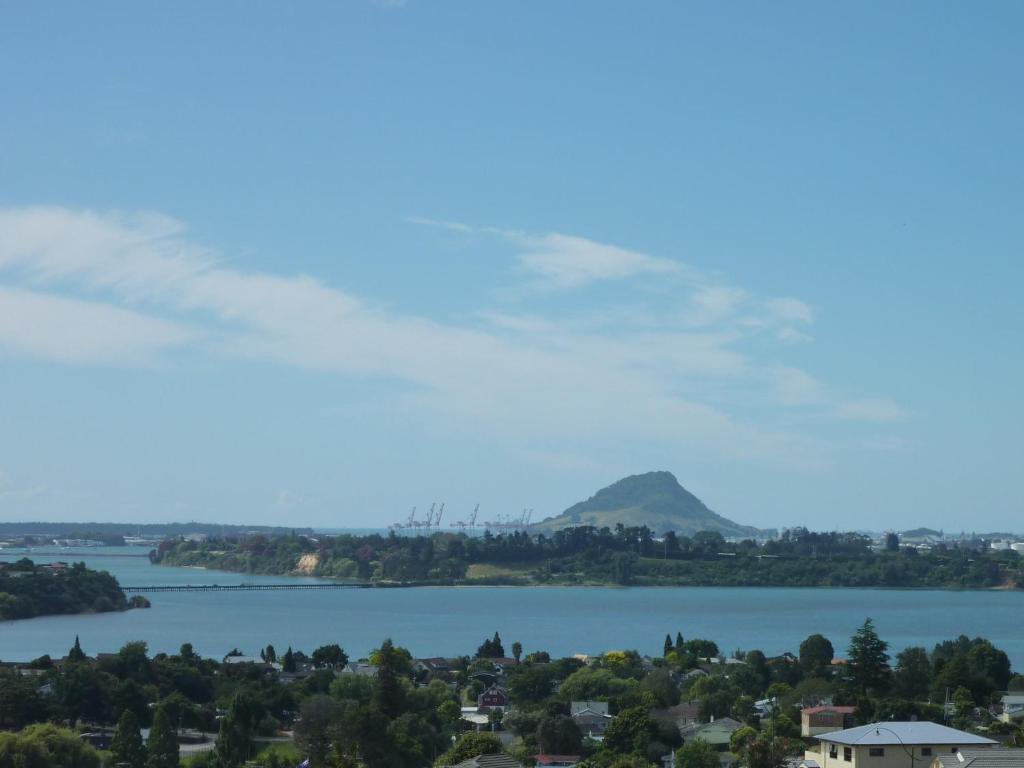 a view of a lake with a mountain in the background at Up in the Stars B&B in Tauranga