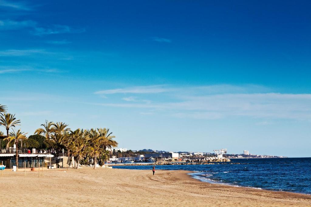 a sandy beach with palm trees and the ocean at Óbal Hotel Marbella in Marbella