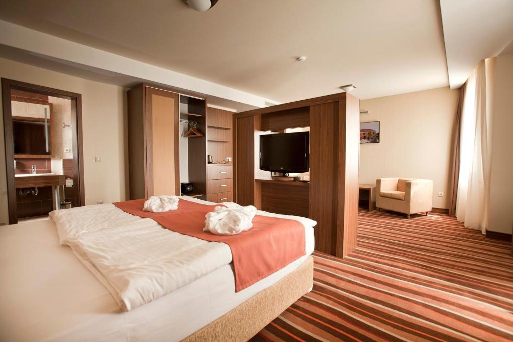 una camera d'albergo con letto e TV di Hotel Makar Sport & Wellness a Pécs