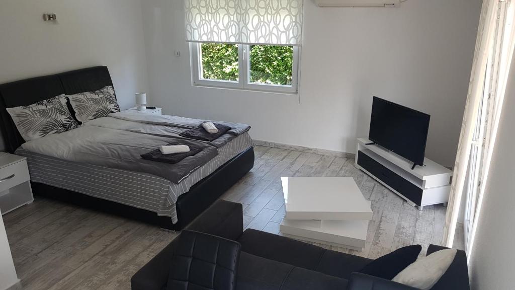 - une chambre avec un lit, un canapé et une télévision dans l'établissement Apartment Azulmburgo, à Vrnjačka Banja