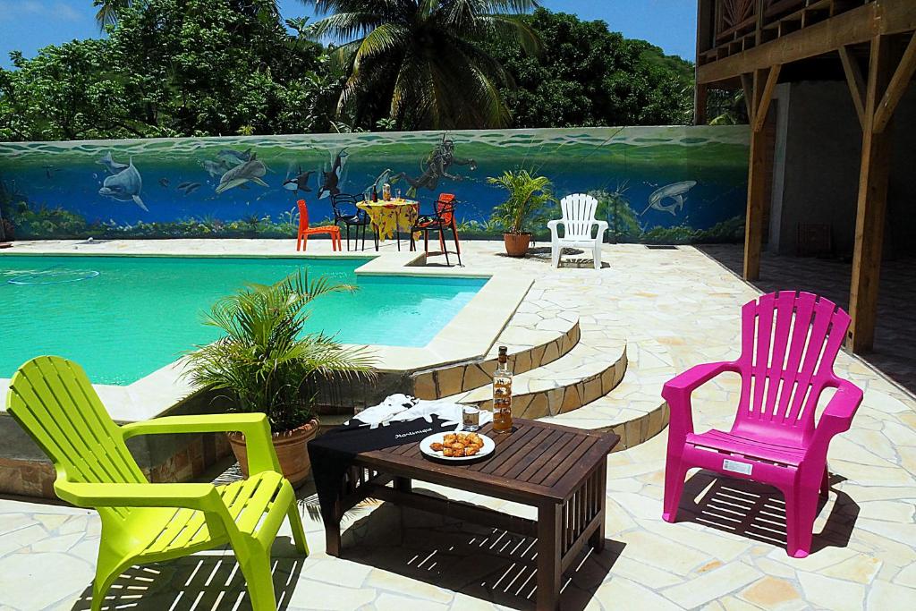 a group of chairs and a table next to a pool at Résidence Fruit de la Passion Rose in Sainte-Anne