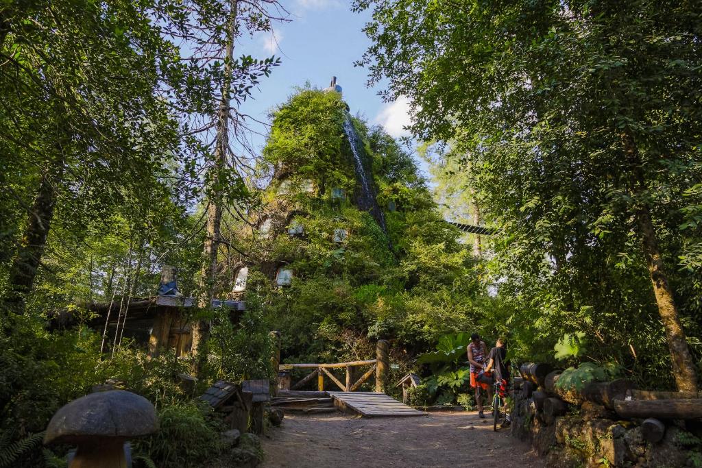 eine Gruppe von Menschen, die einen Pfad in einem Garten entlang gehen in der Unterkunft Huilo Huilo Montaña Mágica in Huilo-Huilo