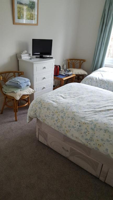 a bedroom with two beds and a tv and a dresser at Uppingham in Steyning