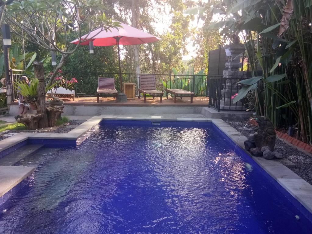 - une piscine dans un jardin avec un parasol dans l'établissement Kerta Family Bed and Breakfast, à Ubud