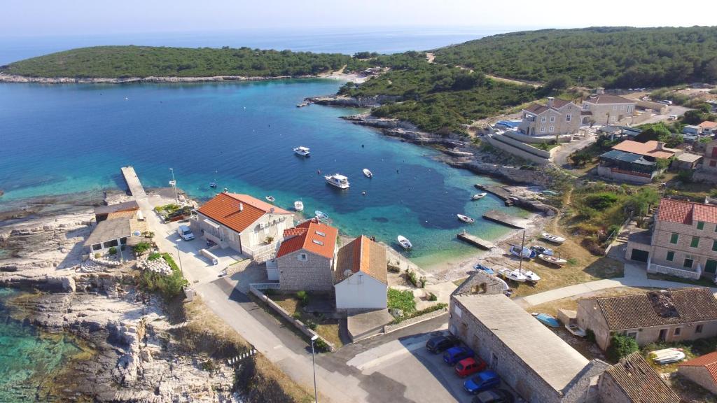 an aerial view of a beach with boats in the water at Apartment Karuza Rukavac in Vis