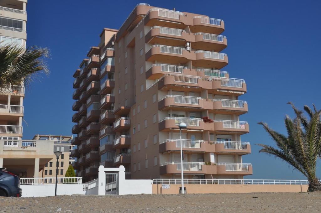 um edifício de apartamentos alto na praia com uma palmeira em Galicia Vidaber Primera Línea em Oropesa del Mar