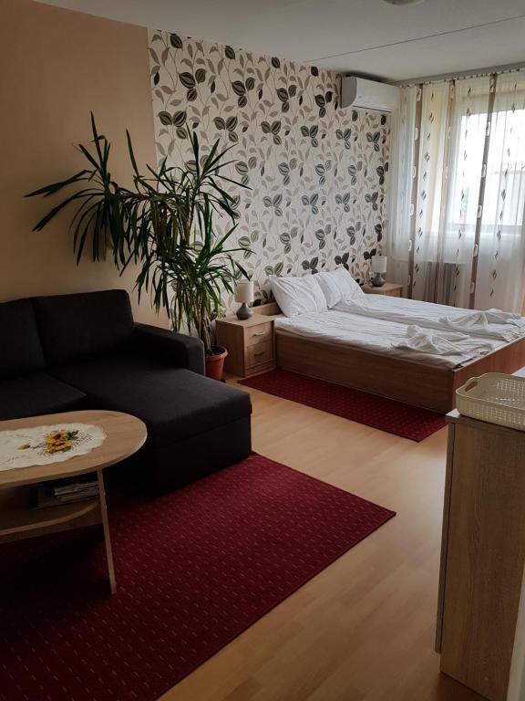 een woonkamer met een bed en een bank bij Coral Apartman in Pécs