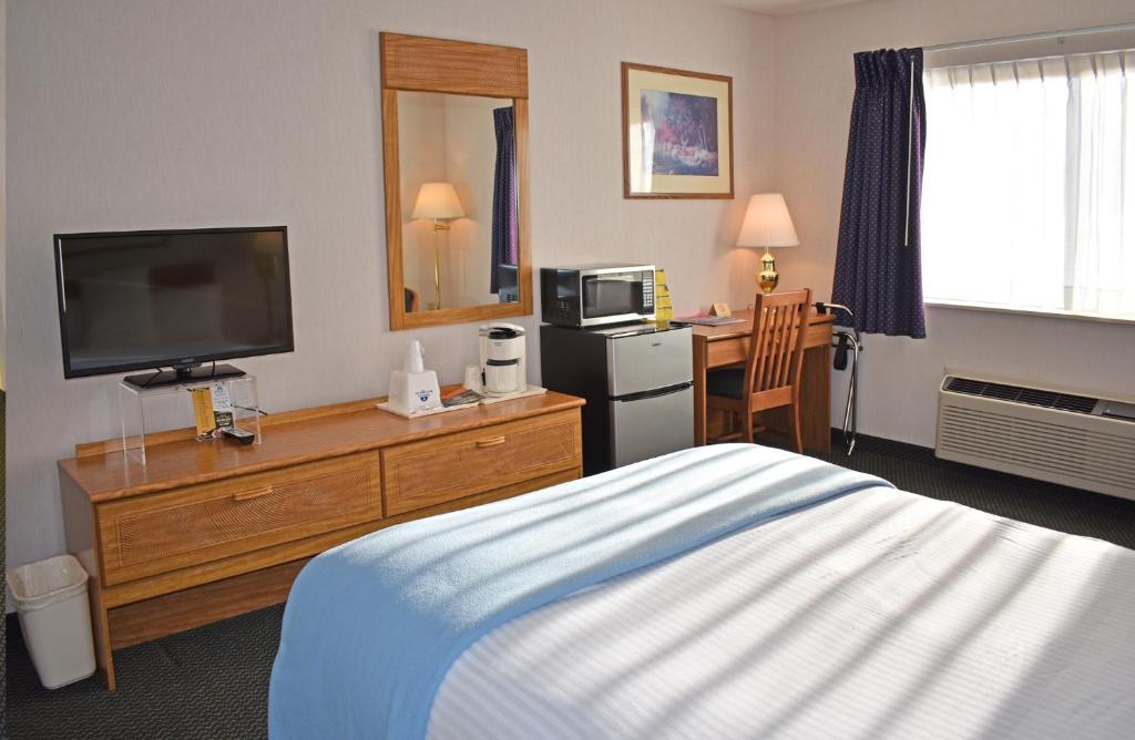 a hotel room with a bed and a television at Americas Best Value Inn & Suites - Tahquamenon Country in Newberry