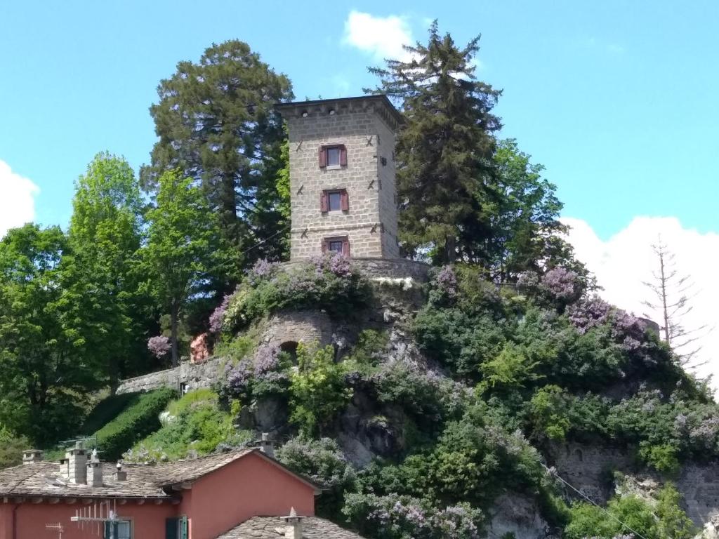 una casa en la cima de una colina con flores en Torre Riva Dimora storica en Fiumalbo