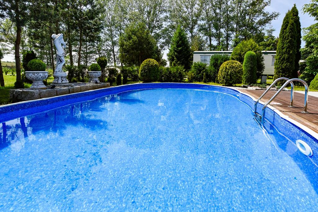 a blue swimming pool with a statue in a yard at Holiday Lodge in Pogorzelica