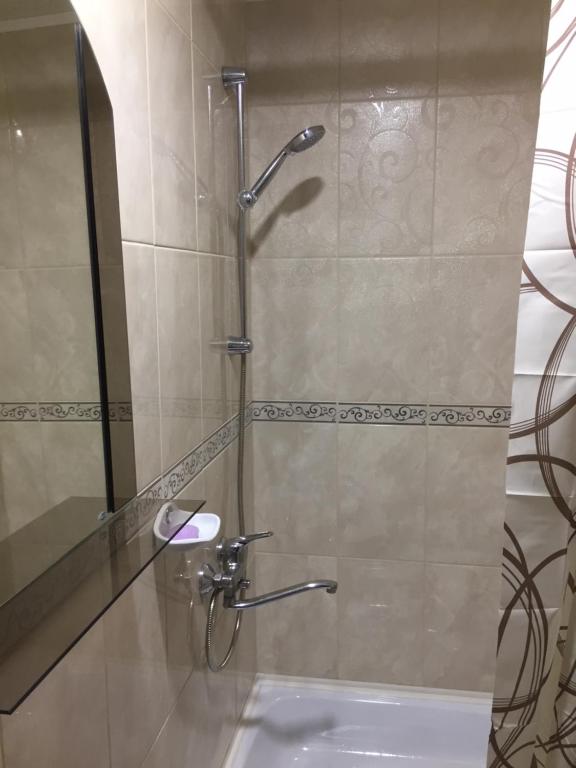 a bathroom with a shower with a sink and a mirror at Apartment Telbin in Kyiv