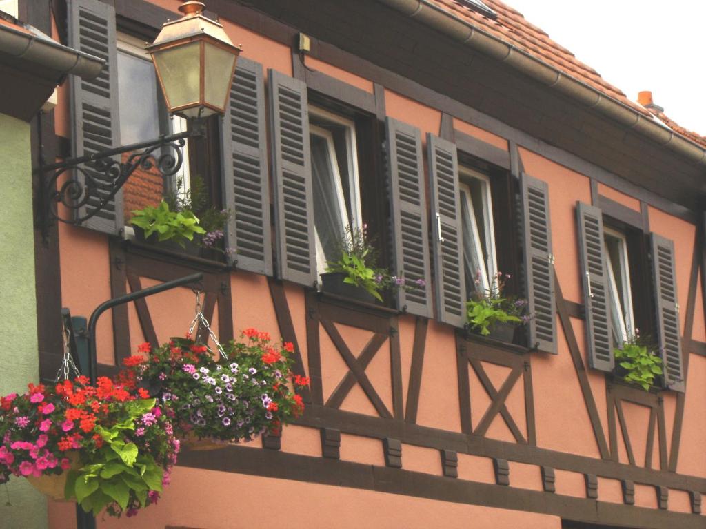 Au Coeur d'Alsace Chambres d'hôtes في كينتزهيم: مبنى به علب ورد ونوافذ عليها مصاريع