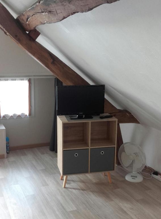 a living room with a tv on a stand in a attic at Chambre d&#39;hôtes La Guéjaillière in Beaumont-Pied-de-Boeuf