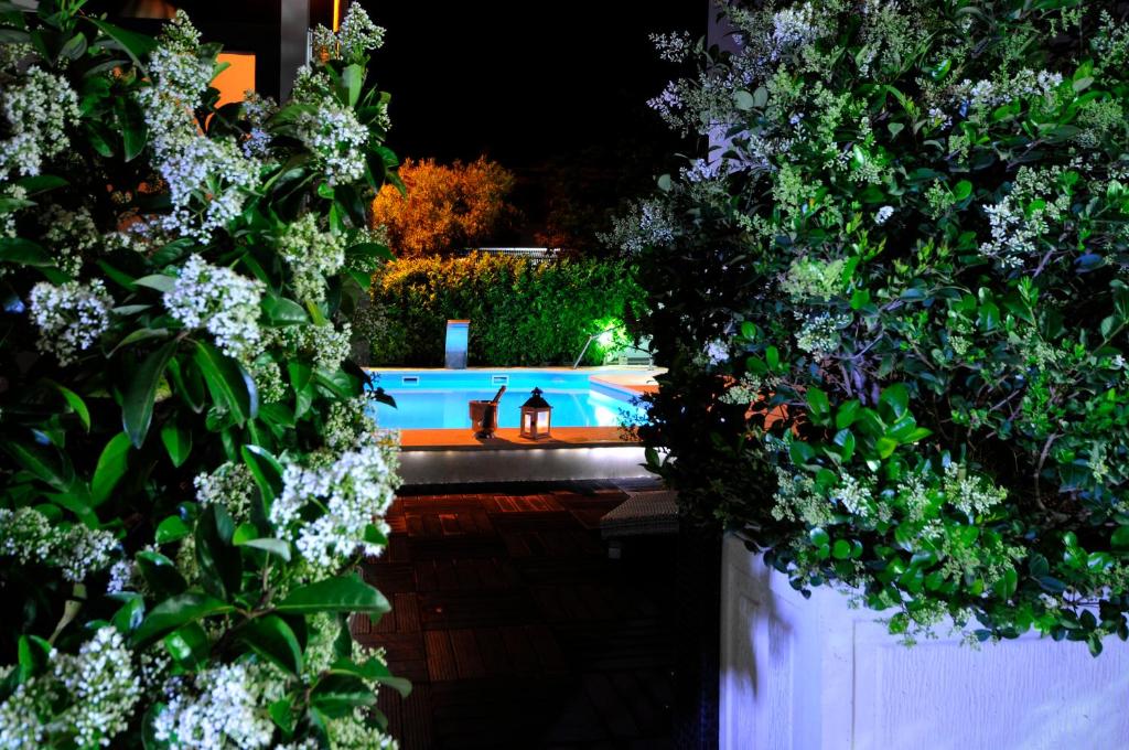 two birds standing next to a swimming pool at night at Apartments & Rooms Villa Maslina in Trogir