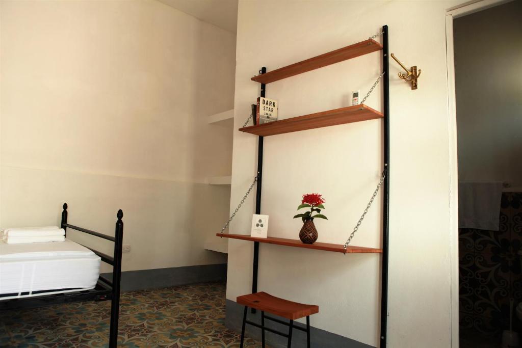 a room with a shelf next to a bed at Hostal La Tortuga Booluda in León
