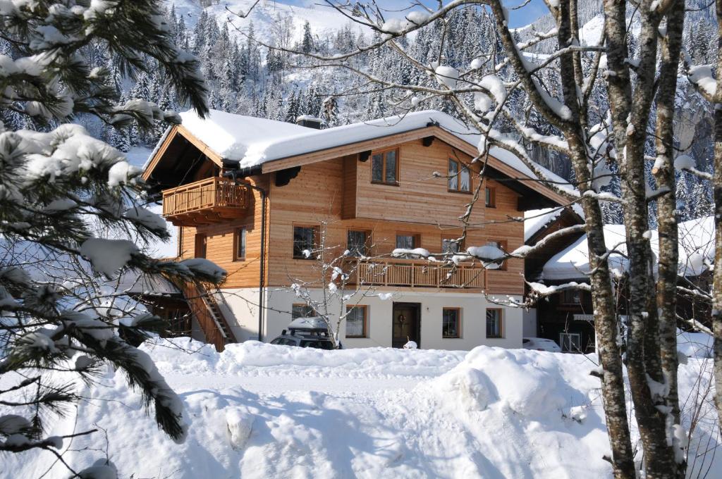 a log cabin in the snow with snow covered trees at Haus Maria in Kleinarl