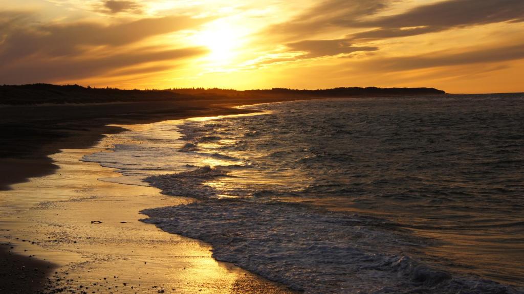 a sunset on a beach with the ocean at Ferienhaus Strandmuschel am Ostseestrand Zierow in Zierow