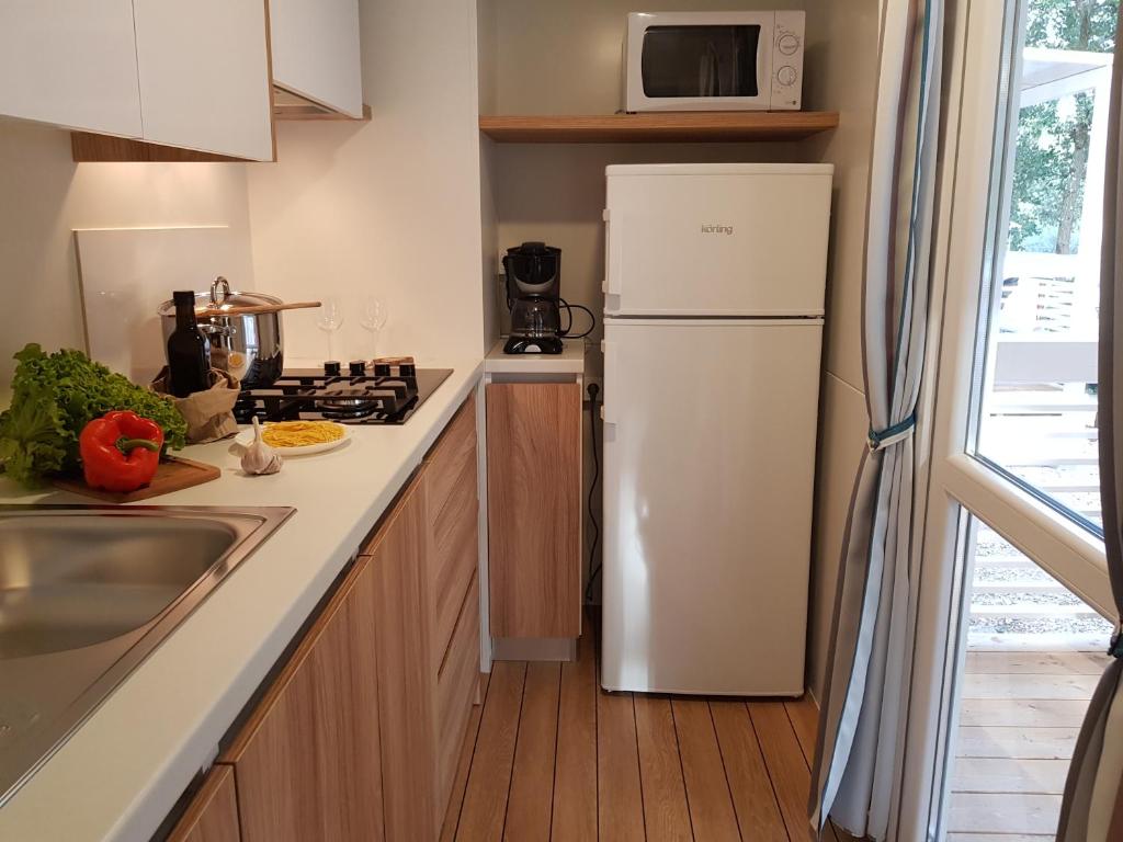 a kitchen with a white refrigerator and a sink at Mobile Homes Banko in Bijela Uvala and Zelena laguna in Poreč
