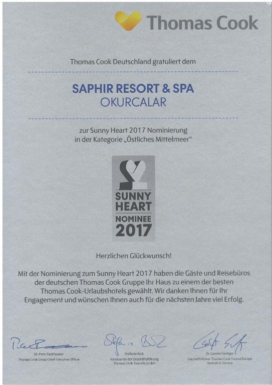 Certifikát, hodnocení, plakát nebo jiný dokument vystavený v ubytování Saphir Resort & Spa