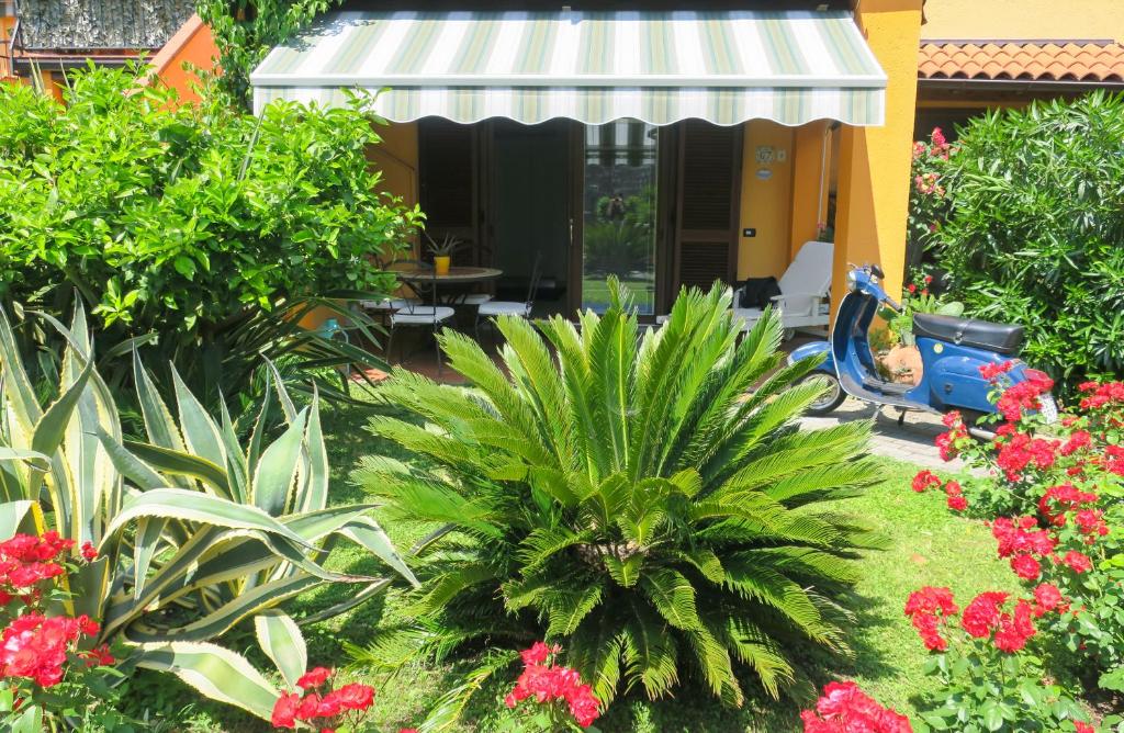 a garden with plants and flowers in front of a house at Appartamento A due passi dal lago in Toscolano Maderno